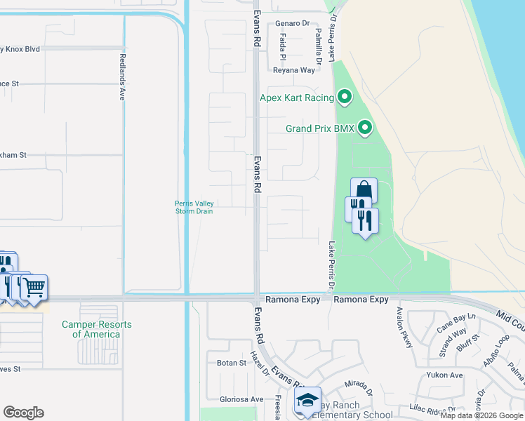 map of restaurants, bars, coffee shops, grocery stores, and more near 4514 Brimstone Avenue in Perris