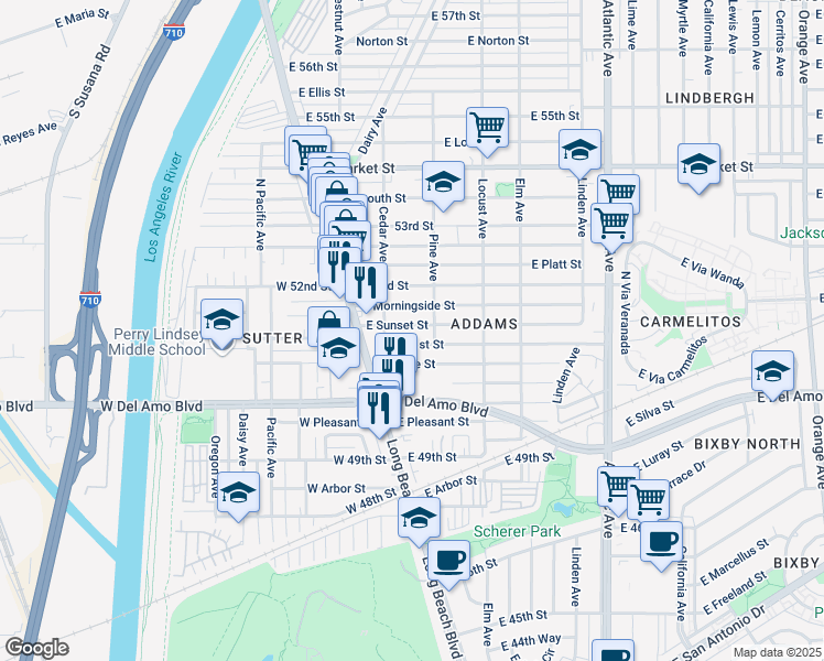 map of restaurants, bars, coffee shops, grocery stores, and more near 150 East Sunset Street in Long Beach