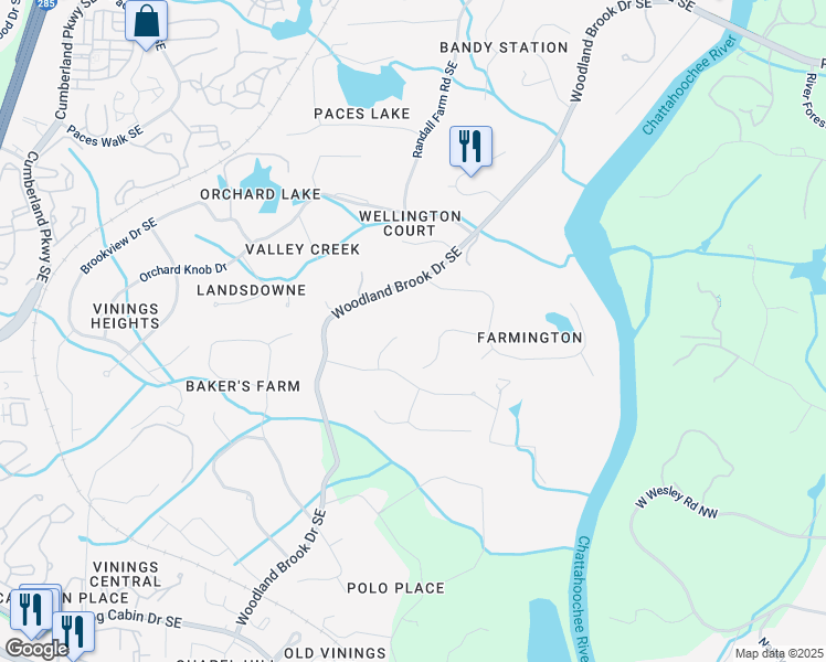 map of restaurants, bars, coffee shops, grocery stores, and more near 3047 Farmington Lane Southeast in Atlanta