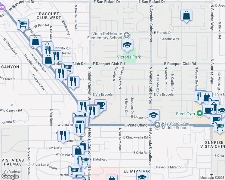map of restaurants, bars, coffee shops, grocery stores, and more near 2155 North Starr Road in Palm Springs