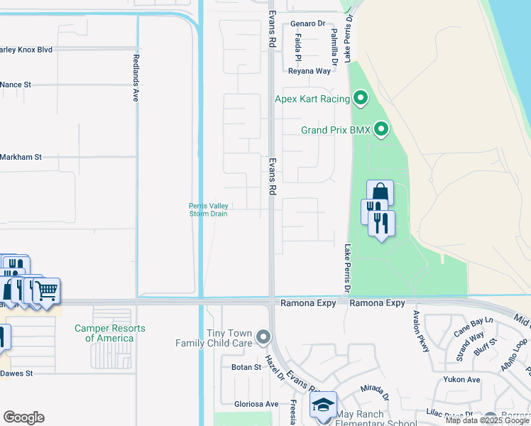map of restaurants, bars, coffee shops, grocery stores, and more near 4515 Bandon Avenue in Perris