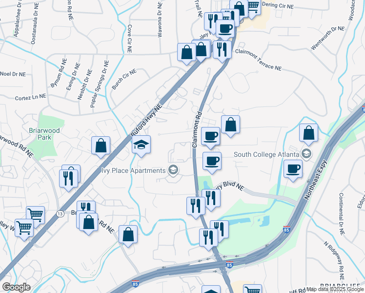 map of restaurants, bars, coffee shops, grocery stores, and more near 3078 Clairmont Road in Atlanta