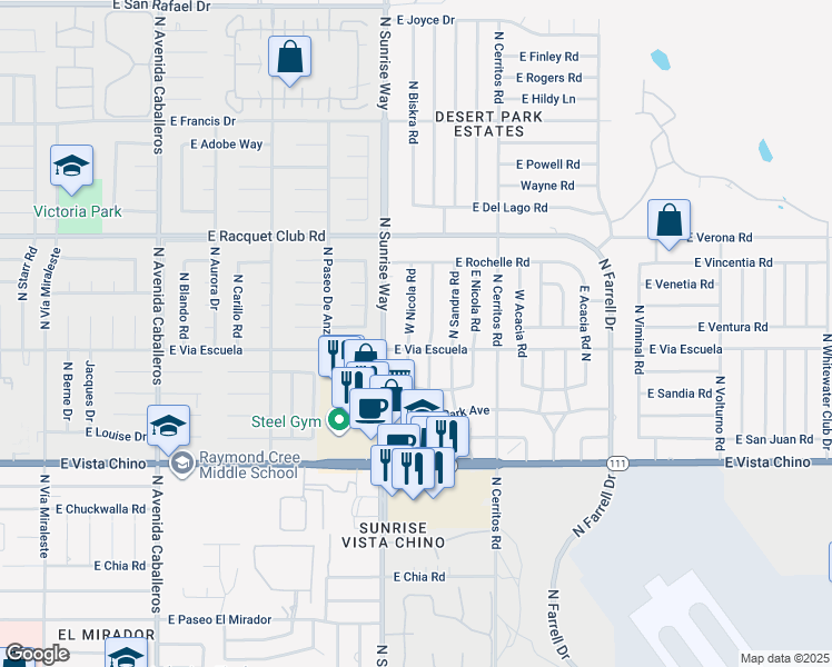 map of restaurants, bars, coffee shops, grocery stores, and more near 2120 West Nicola Road in Palm Springs