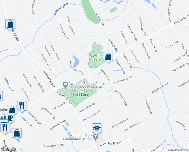 map of restaurants, bars, coffee shops, grocery stores, and more near 1237 Sycamore Drive Southwest in Lilburn