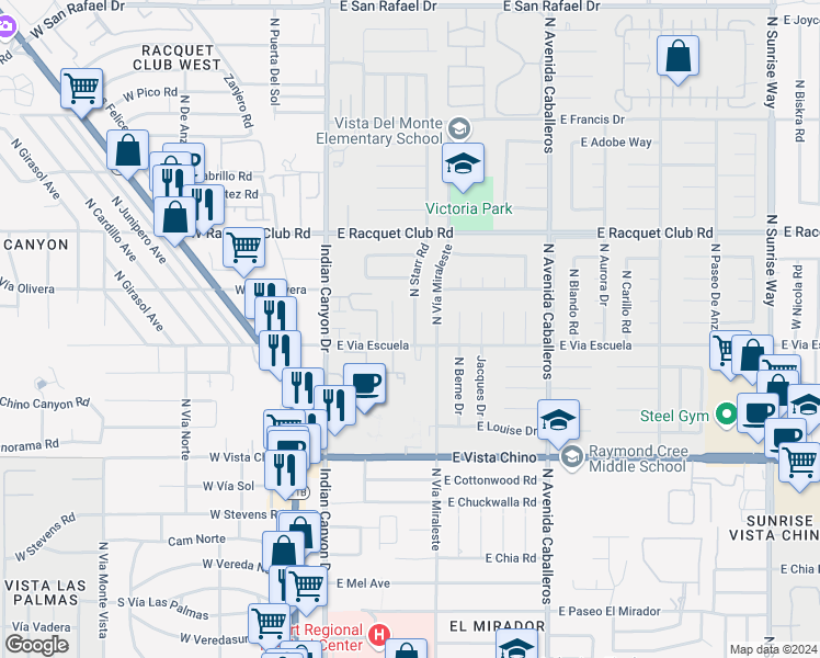 map of restaurants, bars, coffee shops, grocery stores, and more near 2155 North Starr Road in Palm Springs