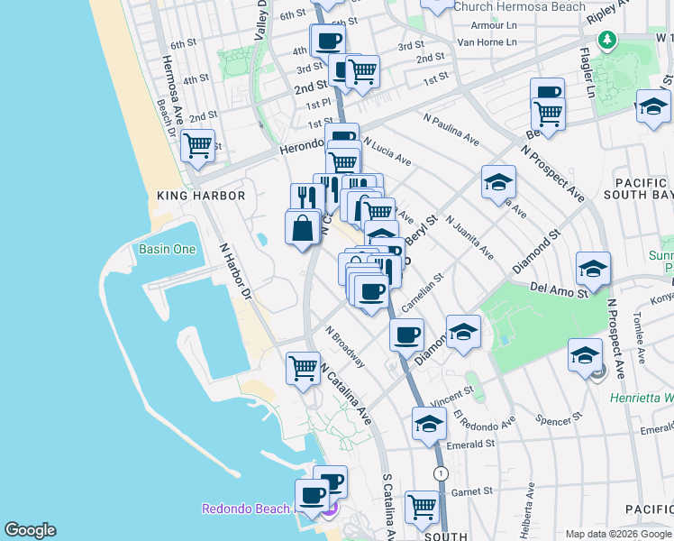 map of restaurants, bars, coffee shops, grocery stores, and more near 517 North Francisca Avenue in Redondo Beach