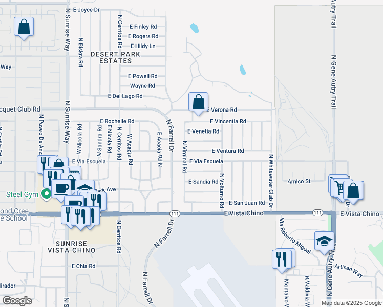 map of restaurants, bars, coffee shops, grocery stores, and more near 2791 East Ventura Road in Palm Springs