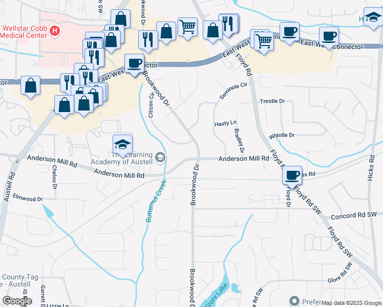map of restaurants, bars, coffee shops, grocery stores, and more near 1340 Anderson Mill Road in Austell