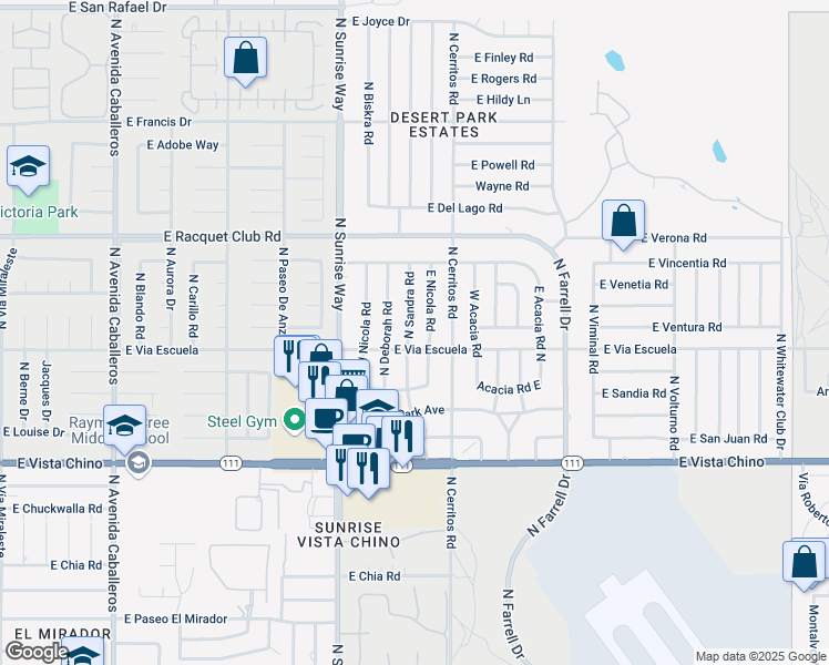 map of restaurants, bars, coffee shops, grocery stores, and more near 2142 North Sandra Road in Palm Springs