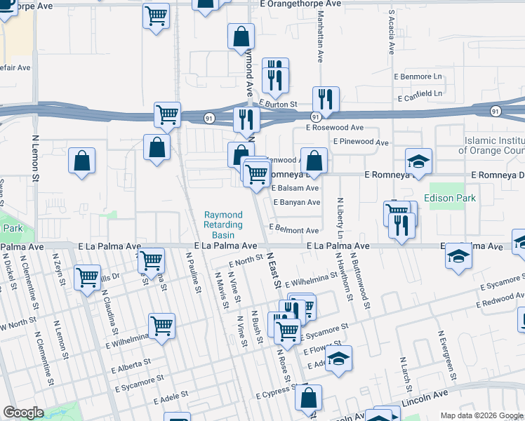 map of restaurants, bars, coffee shops, grocery stores, and more near 1120 North East Street in Anaheim