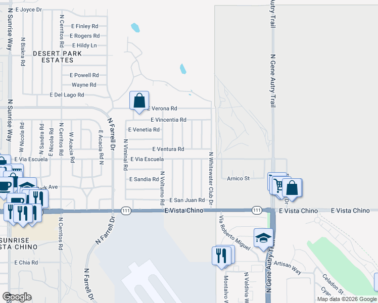 map of restaurants, bars, coffee shops, grocery stores, and more near 3121 East Ventura Road in Palm Springs