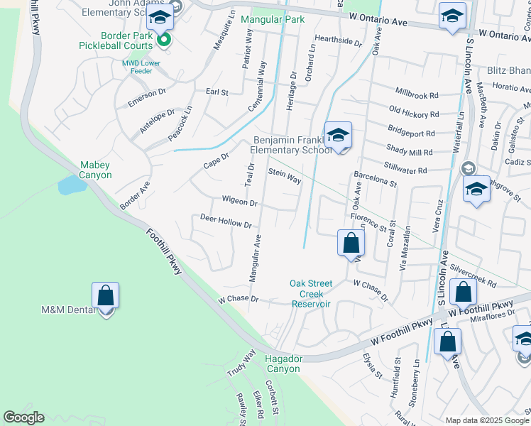 map of restaurants, bars, coffee shops, grocery stores, and more near 2965 Mangular Avenue in Corona