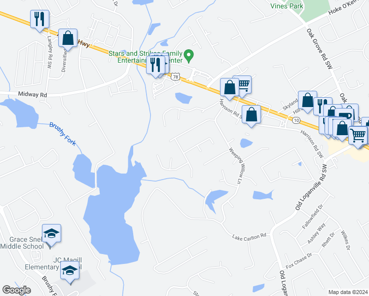 map of restaurants, bars, coffee shops, grocery stores, and more near 623 Red Tip Lane in Loganville