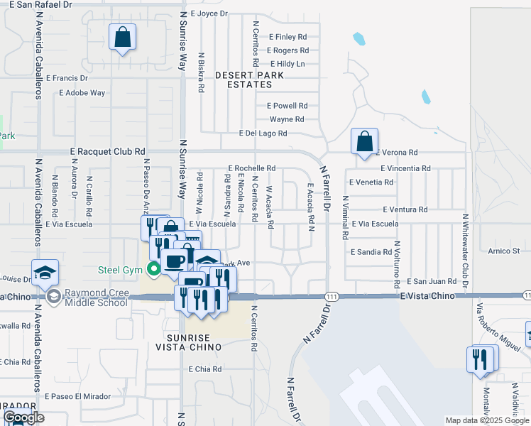 map of restaurants, bars, coffee shops, grocery stores, and more near 2151 West Acacia Road in Palm Springs