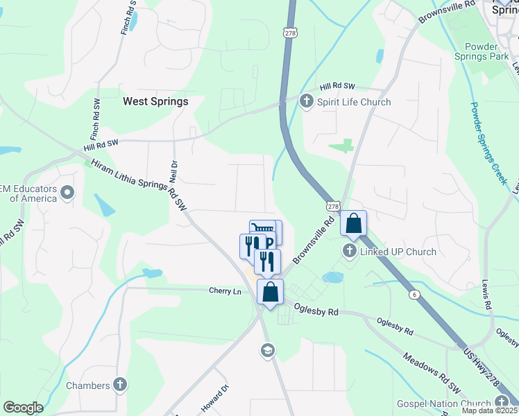 map of restaurants, bars, coffee shops, grocery stores, and more near 5000 Paris Avenue in Powder Springs