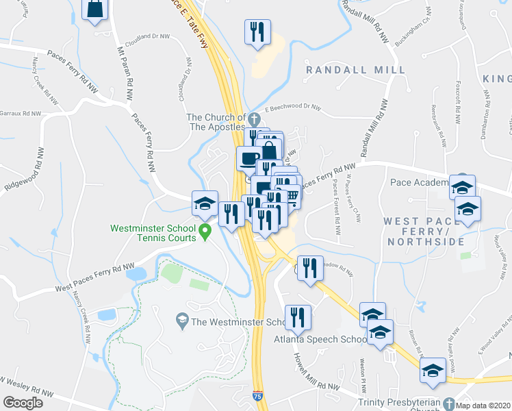 map of restaurants, bars, coffee shops, grocery stores, and more near 1313 West Paces Ferry Road Northwest in Atlanta