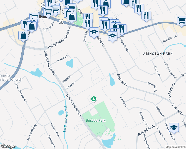 map of restaurants, bars, coffee shops, grocery stores, and more near 2574 Beal Street in Snellville