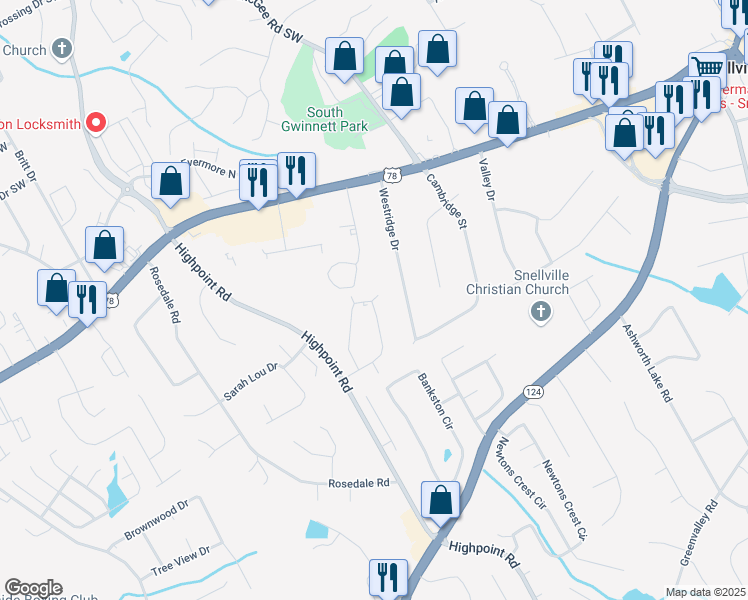 map of restaurants, bars, coffee shops, grocery stores, and more near 2944 Spruce Circle in Snellville