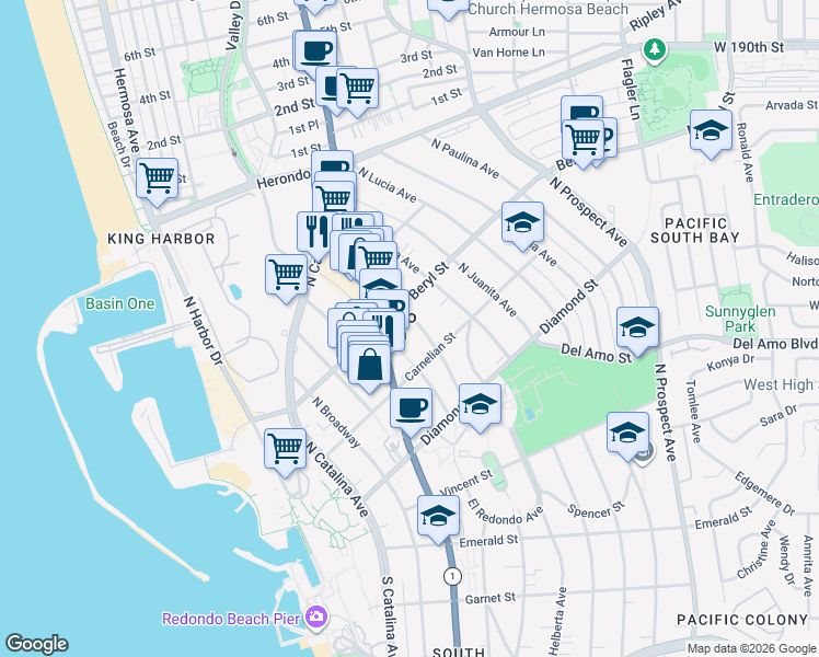 map of restaurants, bars, coffee shops, grocery stores, and more near 428 North Gertruda Avenue in Redondo Beach