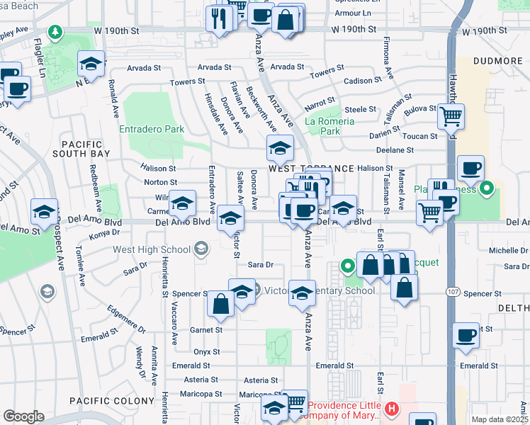 map of restaurants, bars, coffee shops, grocery stores, and more near 5108 Carmelynn Street in Torrance