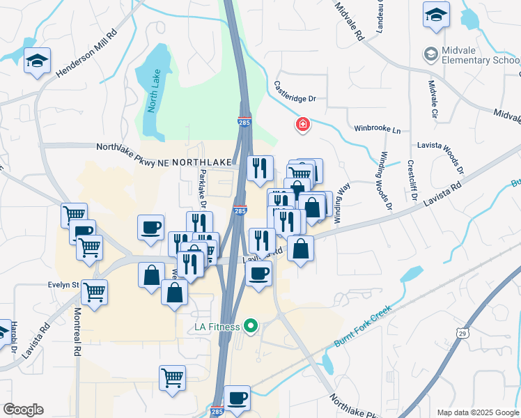 map of restaurants, bars, coffee shops, grocery stores, and more near 2190 Northlake Parkway in Tucker
