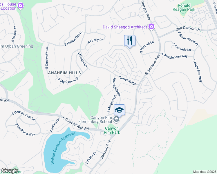 map of restaurants, bars, coffee shops, grocery stores, and more near 7728 East Misty Glen Court in Anaheim