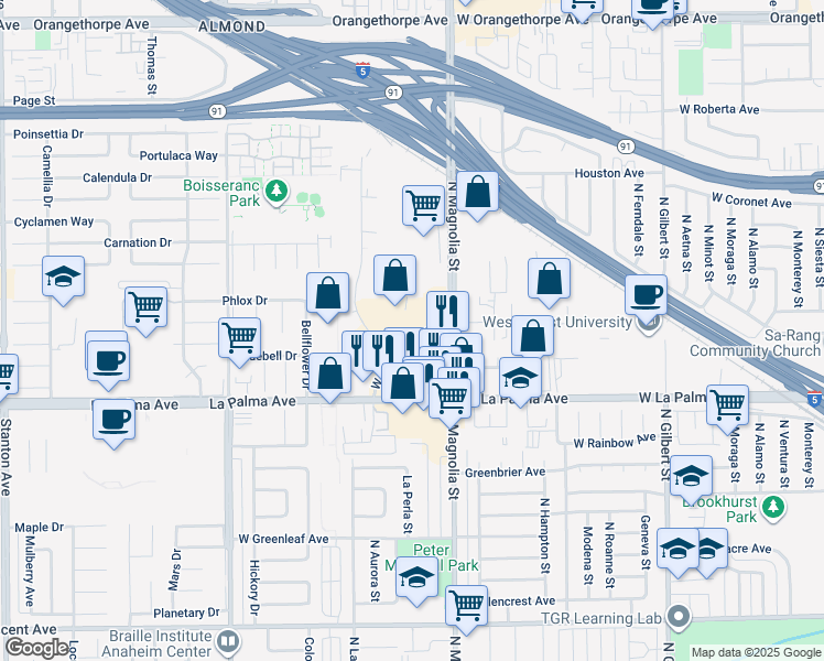 map of restaurants, bars, coffee shops, grocery stores, and more near 2639 West Woodland Drive in Anaheim