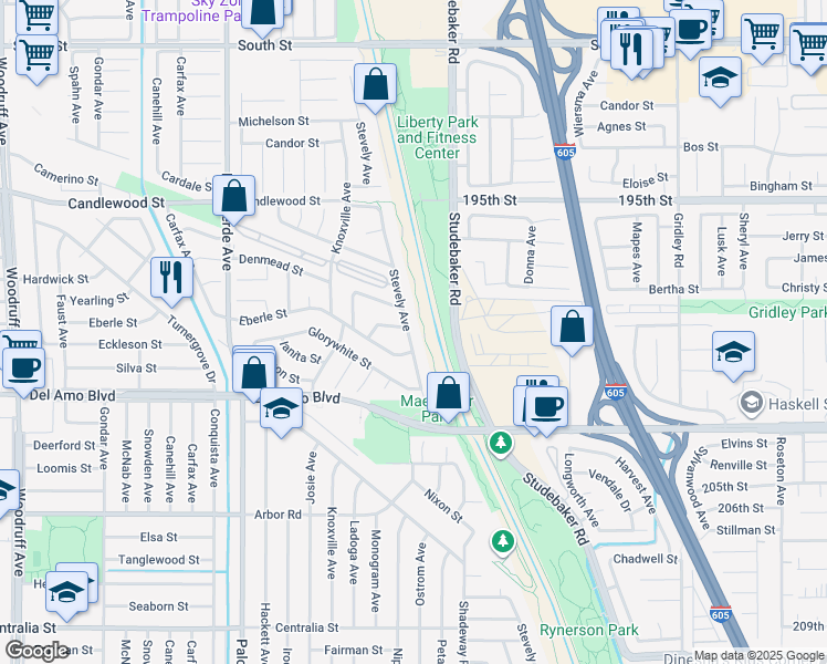 map of restaurants, bars, coffee shops, grocery stores, and more near 5018 Stevely Avenue in Lakewood