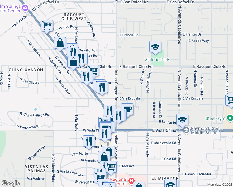 map of restaurants, bars, coffee shops, grocery stores, and more near 2146 North Indian Canyon Drive in Palm Springs