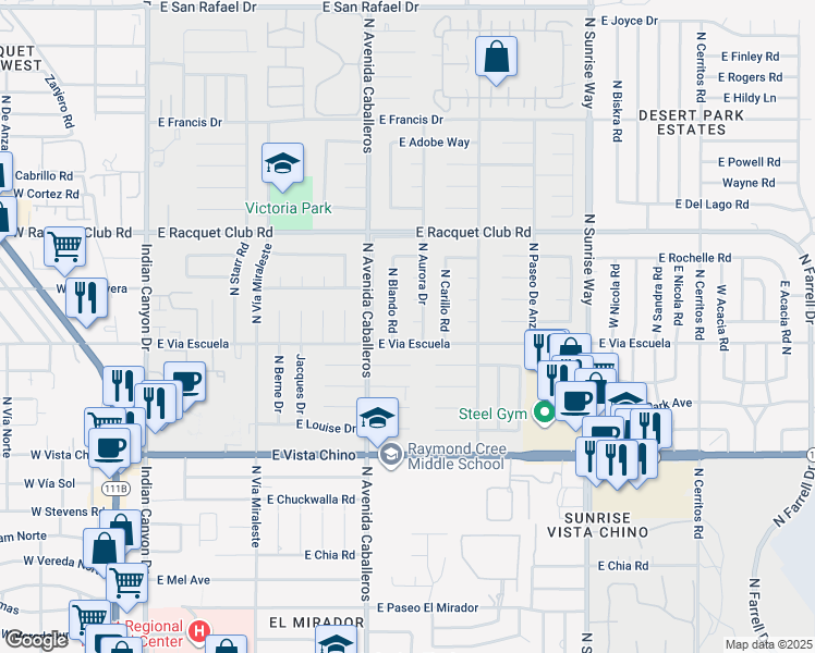 map of restaurants, bars, coffee shops, grocery stores, and more near 1129 East Fuerte Circle in Palm Springs