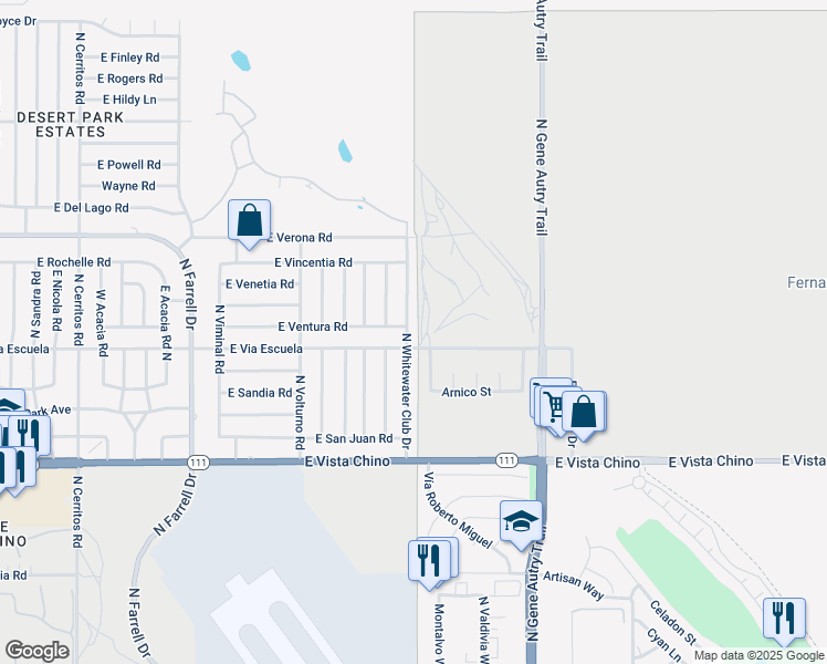 map of restaurants, bars, coffee shops, grocery stores, and more near 2190 North Whitewater Club Drive in Palm Springs