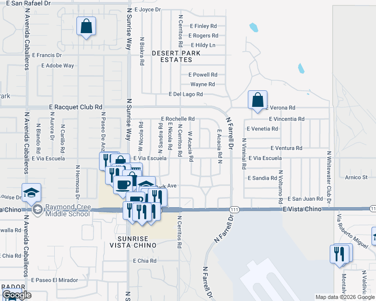 map of restaurants, bars, coffee shops, grocery stores, and more near 2151 West Acacia Road in Palm Springs