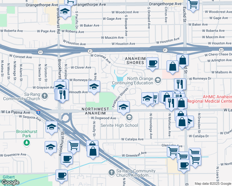 map of restaurants, bars, coffee shops, grocery stores, and more near 1839 West Falmouth Avenue in Anaheim