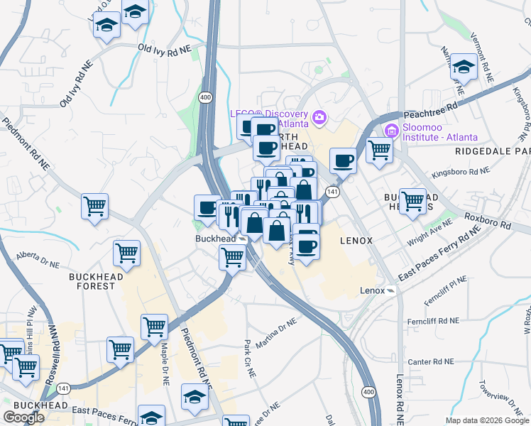 map of restaurants, bars, coffee shops, grocery stores, and more near 3378 Peachtree Road Northeast in Atlanta