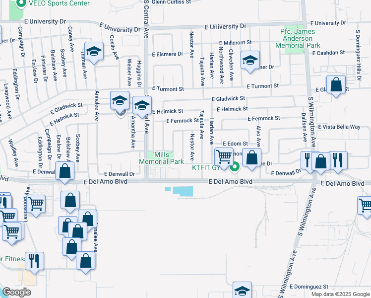 map of restaurants, bars, coffee shops, grocery stores, and more near 20118 Hillford Avenue in Carson
