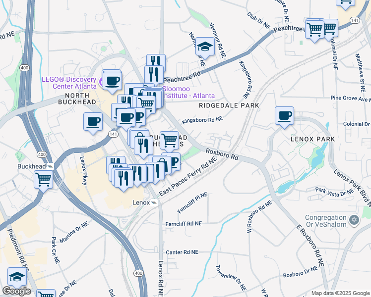 map of restaurants, bars, coffee shops, grocery stores, and more near 3464 Roxboro Road Northeast in Atlanta