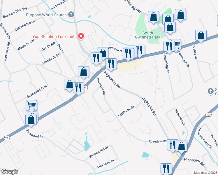 map of restaurants, bars, coffee shops, grocery stores, and more near 3197 Highpoint Court in Snellville