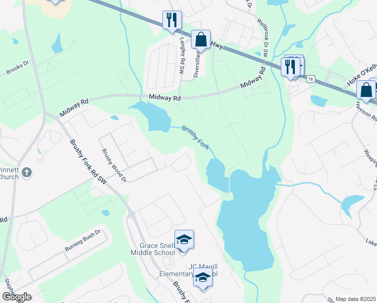 map of restaurants, bars, coffee shops, grocery stores, and more near 3890 Brushy Wood Drive in Loganville