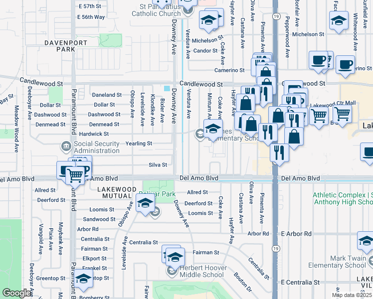 map of restaurants, bars, coffee shops, grocery stores, and more near 5013 Verdura Avenue in Lakewood