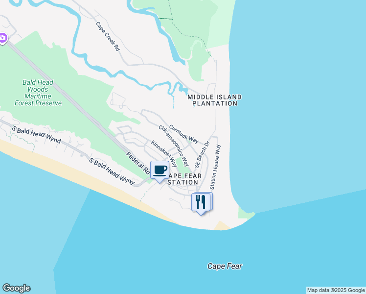 map of restaurants, bars, coffee shops, grocery stores, and more near 303 Whale Head Way in Bald Head Island