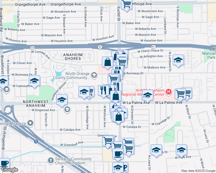 map of restaurants, bars, coffee shops, grocery stores, and more near 1741 West Neighbors Avenue in Anaheim