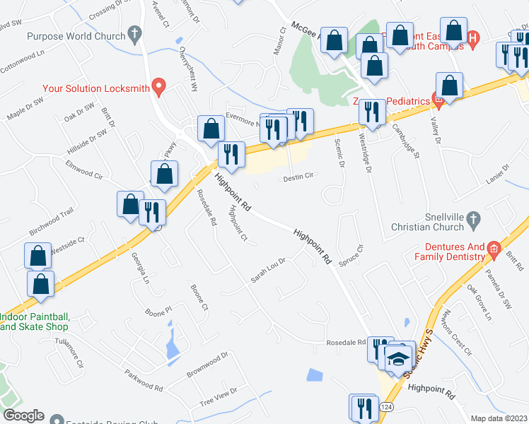 map of restaurants, bars, coffee shops, grocery stores, and more near 3172 Sloping Terrace in Snellville