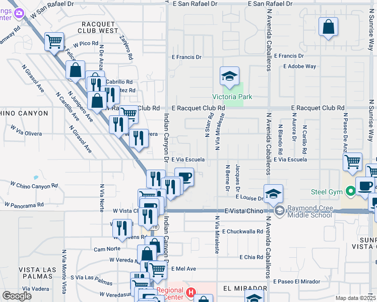 map of restaurants, bars, coffee shops, grocery stores, and more near 250 East Via Escuela in Palm Springs