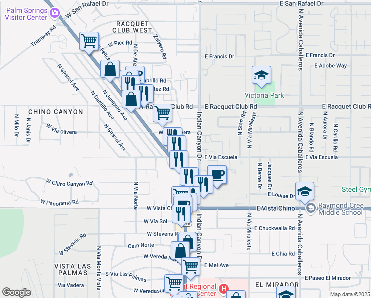 map of restaurants, bars, coffee shops, grocery stores, and more near 2100 North Palm Canyon Drive in Palm Springs