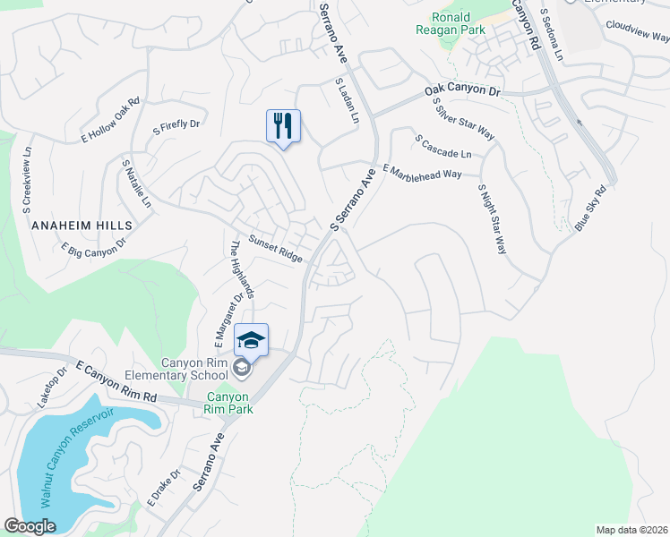 map of restaurants, bars, coffee shops, grocery stores, and more near 8112 East Santo Court in Anaheim