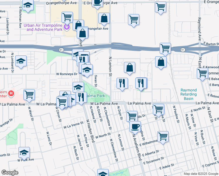 map of restaurants, bars, coffee shops, grocery stores, and more near 1122 North Anaheim Boulevard in Anaheim