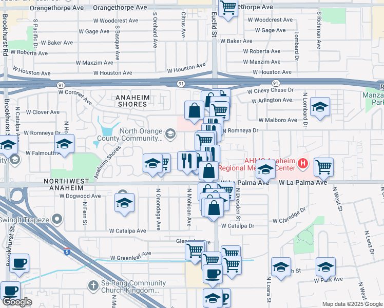 map of restaurants, bars, coffee shops, grocery stores, and more near 1741 West Neighbors Avenue in Anaheim