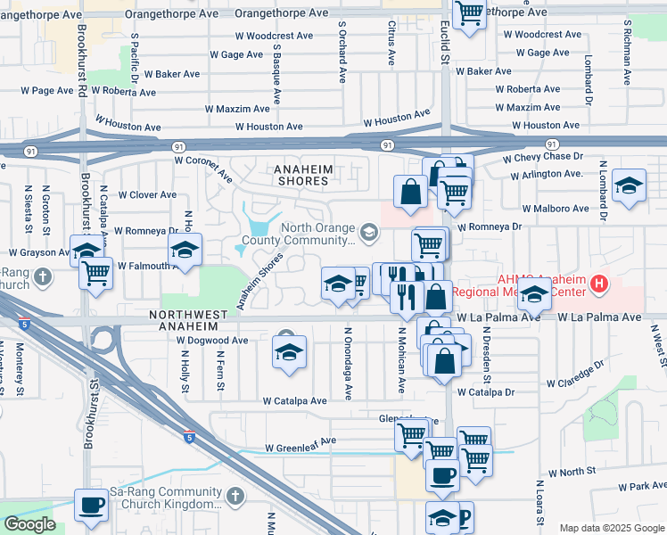 map of restaurants, bars, coffee shops, grocery stores, and more near 1835 West Neighbors Avenue in Anaheim