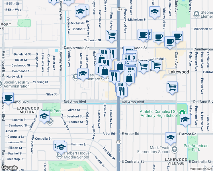 map of restaurants, bars, coffee shops, grocery stores, and more near 4954 Castana Avenue in Lakewood