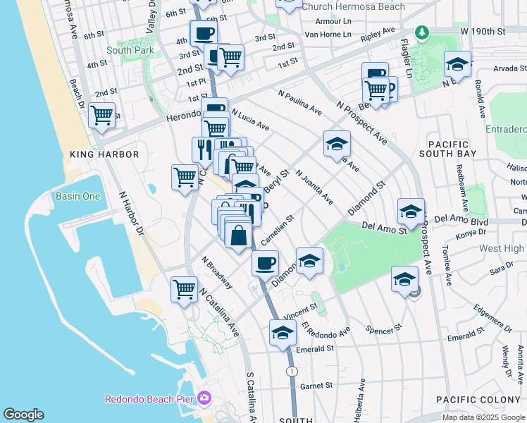 map of restaurants, bars, coffee shops, grocery stores, and more near 428 North Gertruda Avenue in Redondo Beach
